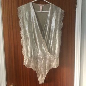 Victoria Secret Silver Bodysuit with Lace Thong, NWOT, size L